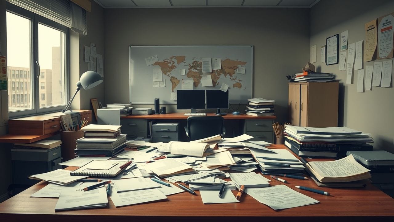 Een rommelig bureau met verspreide papieren en pennen, toont wanorde en frustratie.