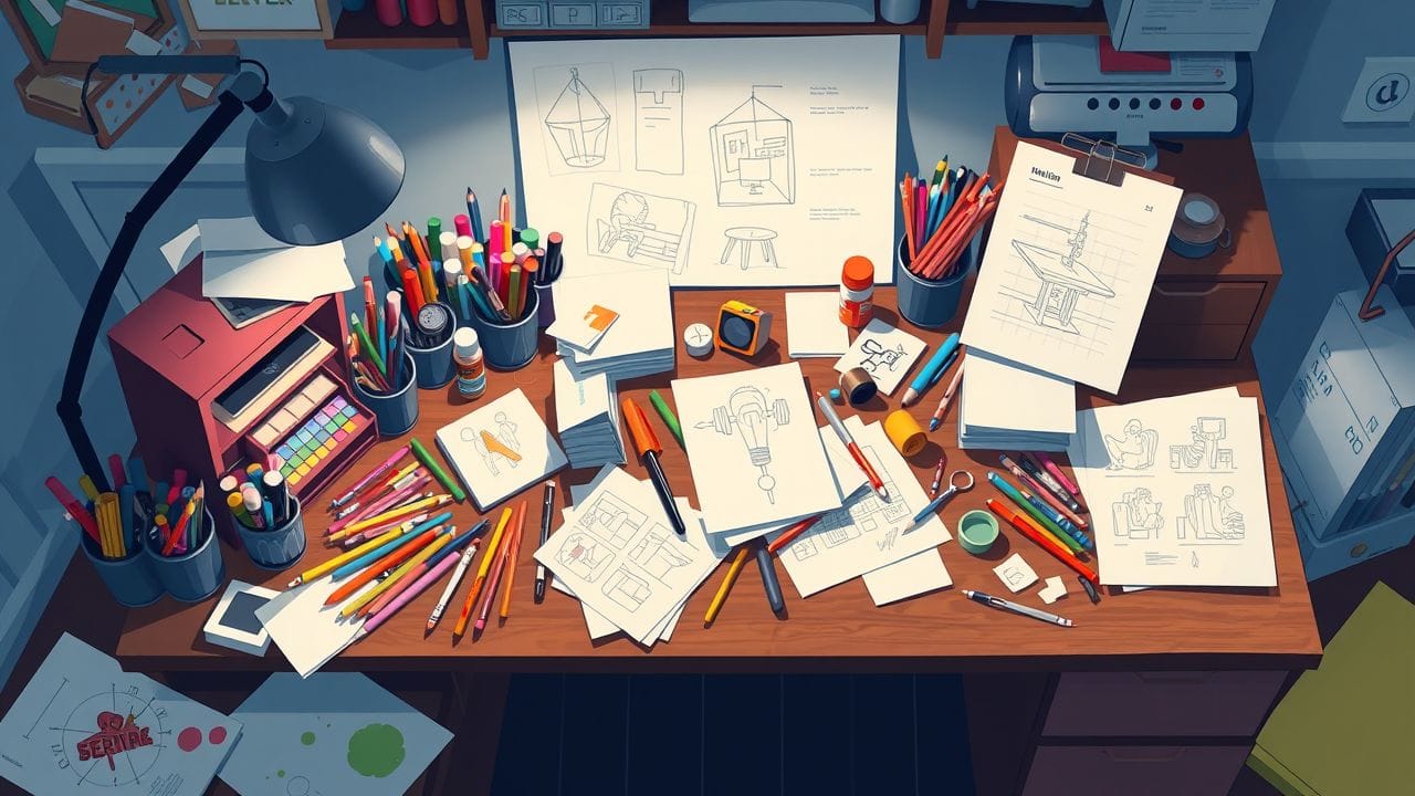 Een rommelig bureau vol met kunstbenodigdheden en ontwerpschetsen.