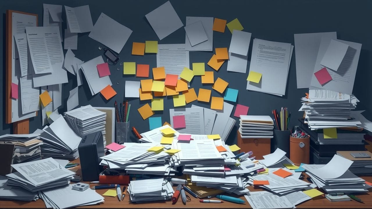 Een rommelig bureau met papieren en kantoorbenodigdheden.