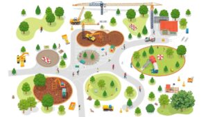 Een stads park in aanbouw met platte ontwerpstijl, georganiseerde lay-out en bouwapparatuur.