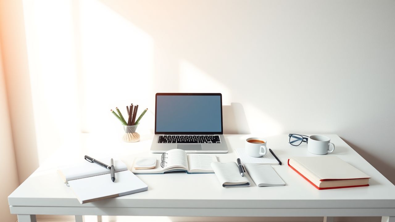 Een georganiseerd bureau met een open laptop, notitieboeken en koffie.
