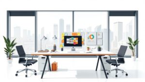 Een modern georganiseerd bureau met een creatieve en productieve sfeer.