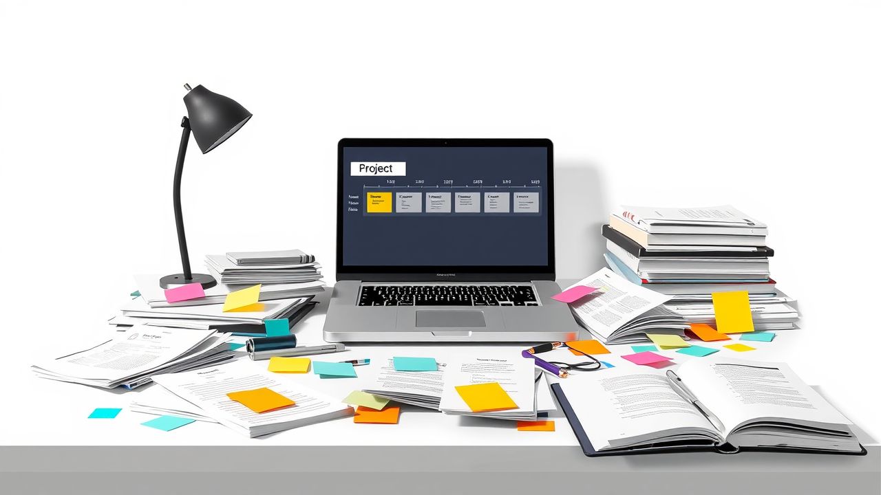 Een rommelig kantoorbureau met papieren, laptop en plakbriefjes. Een rommelig kantoorbureau met papieren, laptop en plakbriefjes.