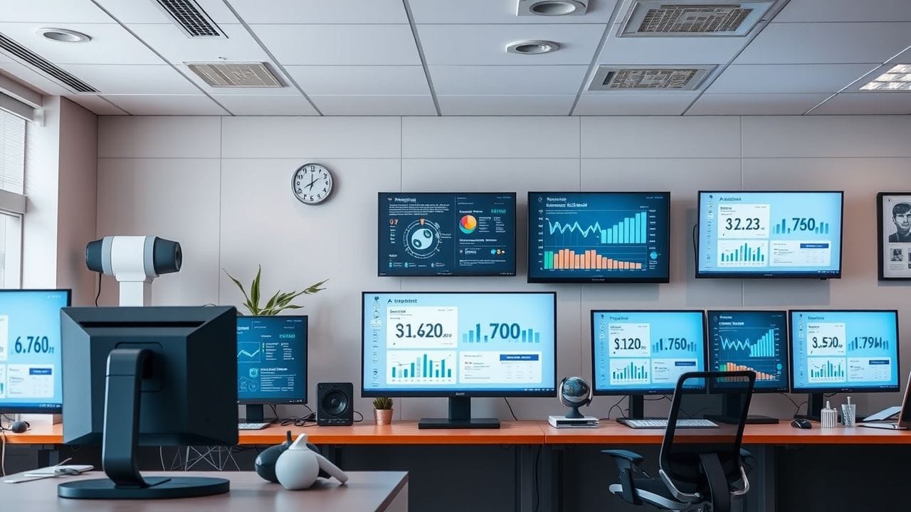 Een modern kantoor met geavanceerde AI-technologie en strakke gadgets. Een modern kantoor met geavanceerde AI-technologie en strakke gadgets.