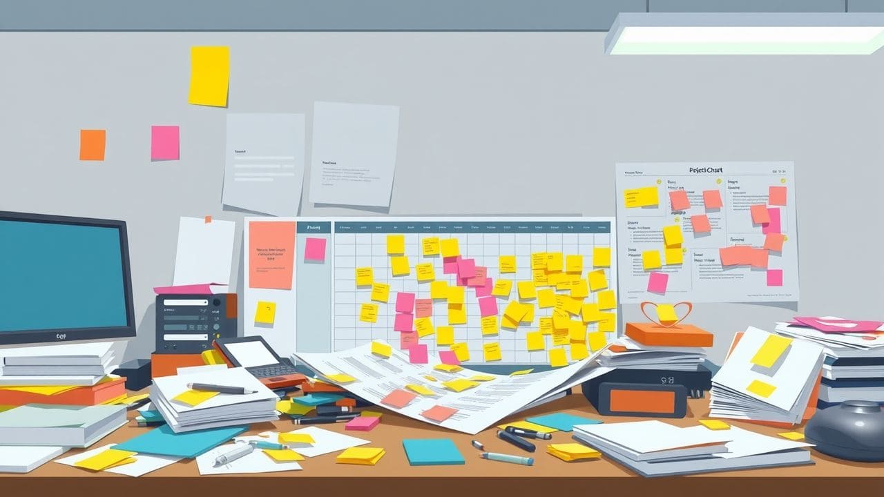 Een rommelig kantoorbureau met projectmanagement tools en documenten.