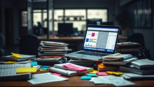 Een rommelig bureau met projectmanagementboeken, post-its en een open laptop.