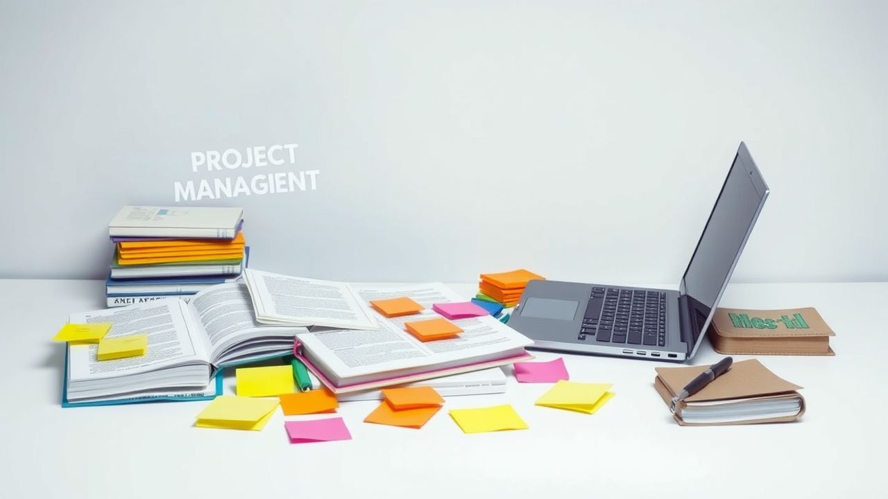 Een rommelig bureau met projectmanagementboeken, kleurrijke notities en een open laptop.