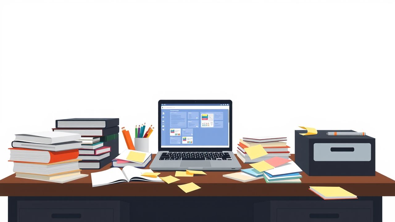 Een rommelig bureau met projectmanagementboeken, notities en een open laptop.