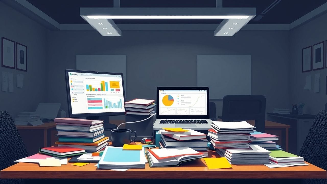 Een rommelig bureau met project management boeken, notities en een open laptop. Een rommelig bureau met project management boeken, notities en een open laptop.