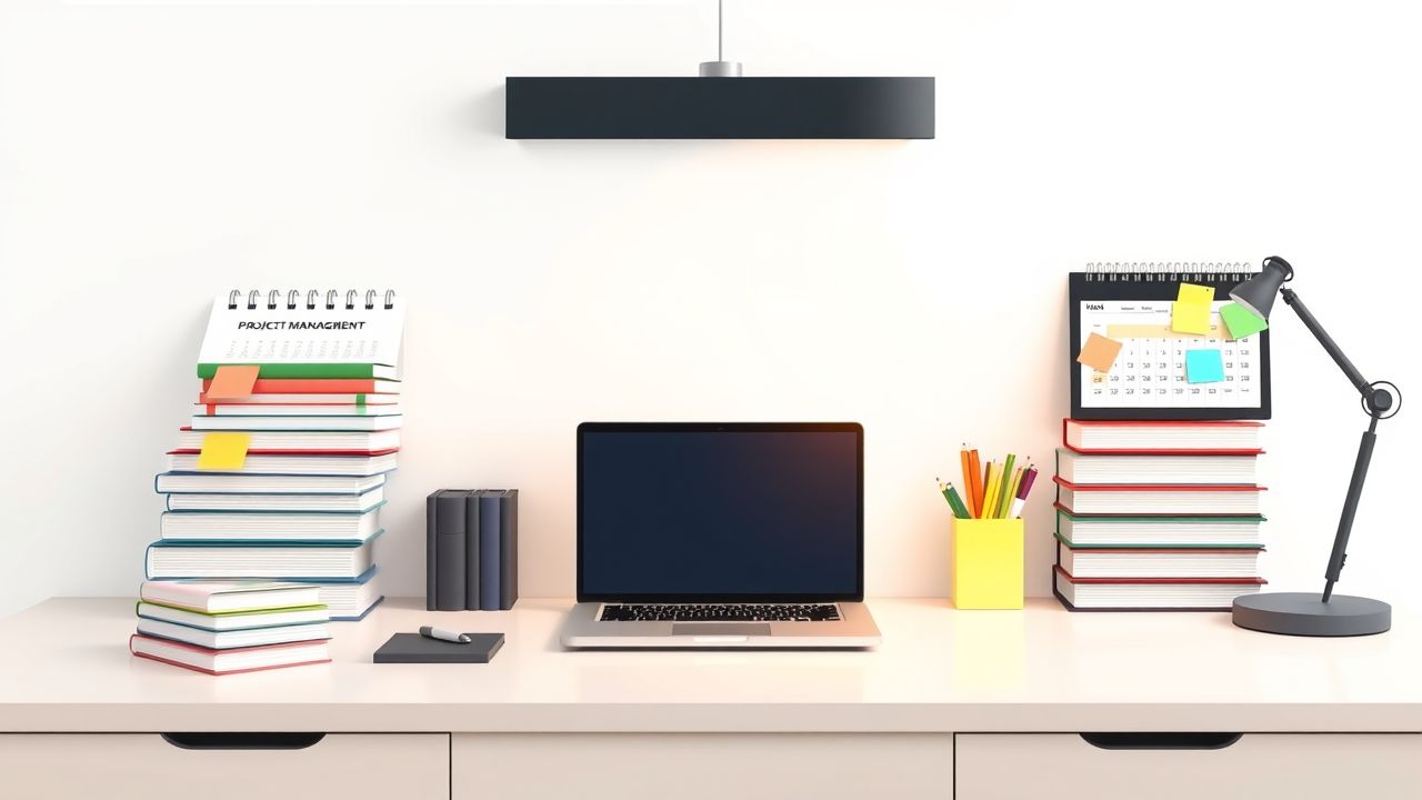 Een opgeruimd bureau met projectmanagementboeken, laptop en kalender.