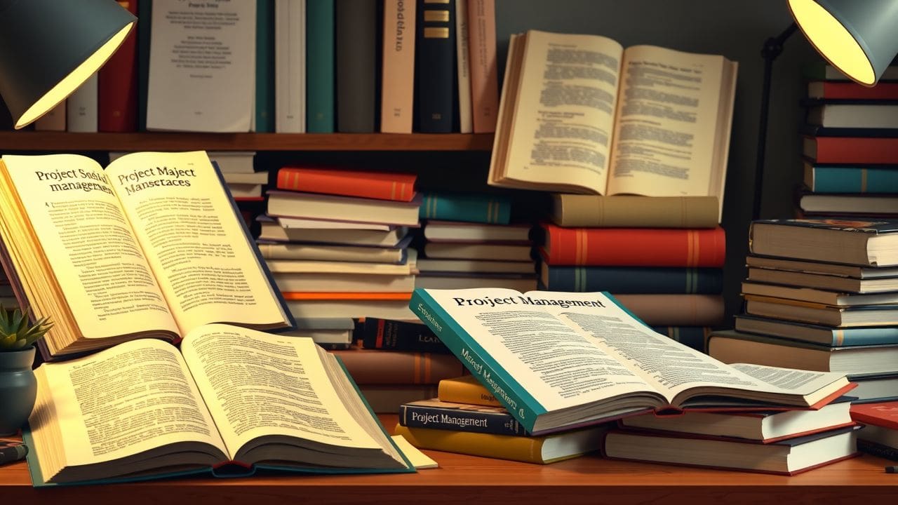 Een rommelig bureau vol met boeken over projectmanagement. Een rommelig bureau vol met boeken over projectmanagement.