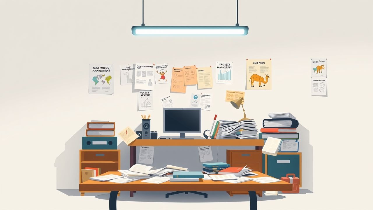 Een rommelig kantoorbureau met projectmanagementdocumenten en grappige cartoons.