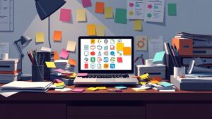 Een rommelig bureau met een laptop en project management symbolen.