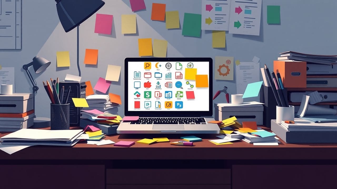 Een rommelig bureau met een laptop en project management symbolen.