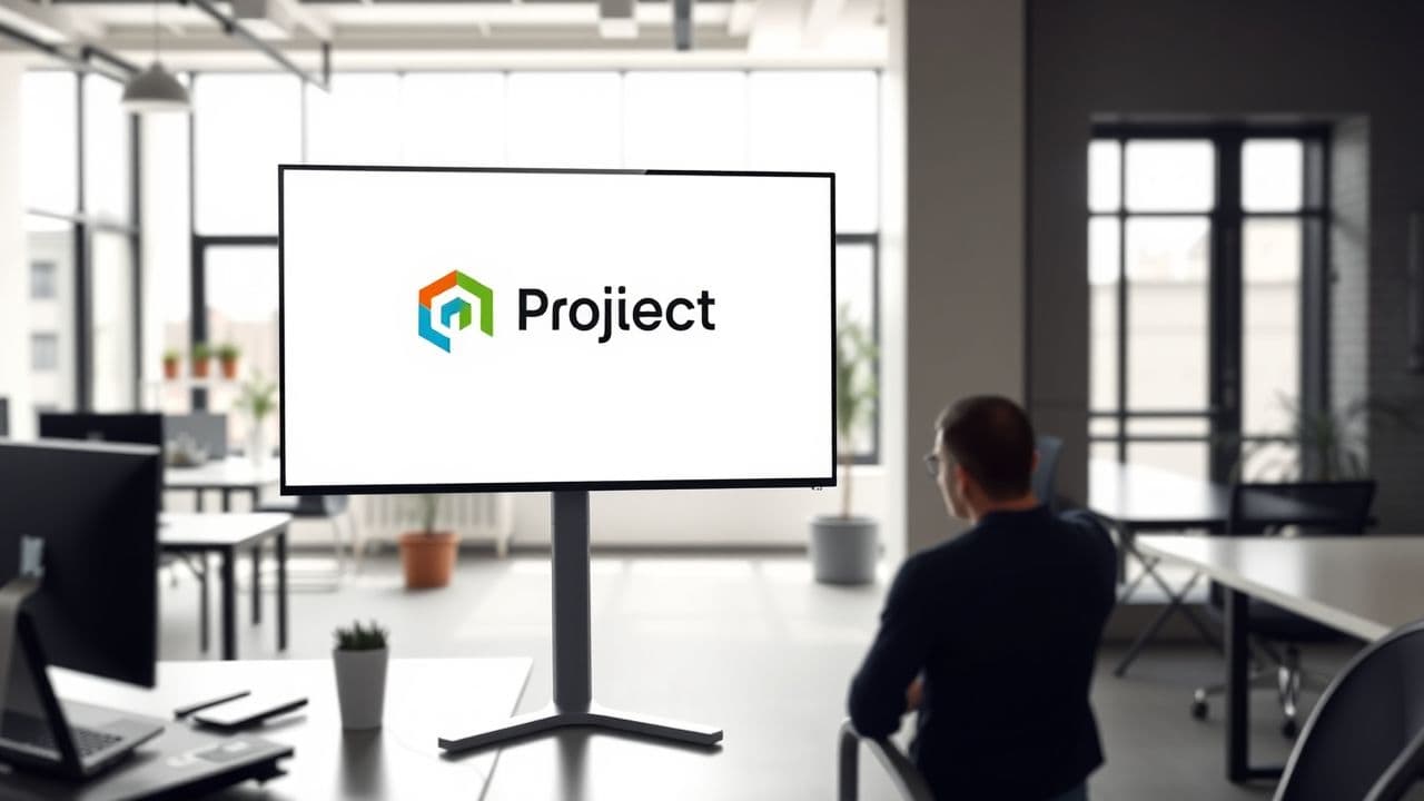 Een modern projectmanagementlogo wordt weergegeven op een digitaal scherm in een eigentijds kantoor. Een modern projectmanagementlogo wordt weergegeven op een digitaal scherm in een eigentijds kantoor.