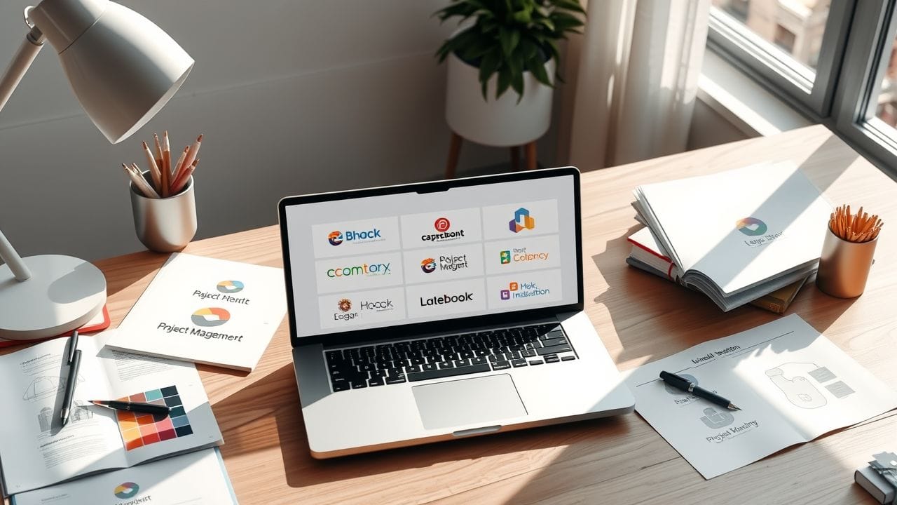 Een modern bureau met laptop en logo-ontwerp materialen.