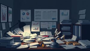 Een rommelig en chaotisch kantoorbureau met projectmanagementtools.