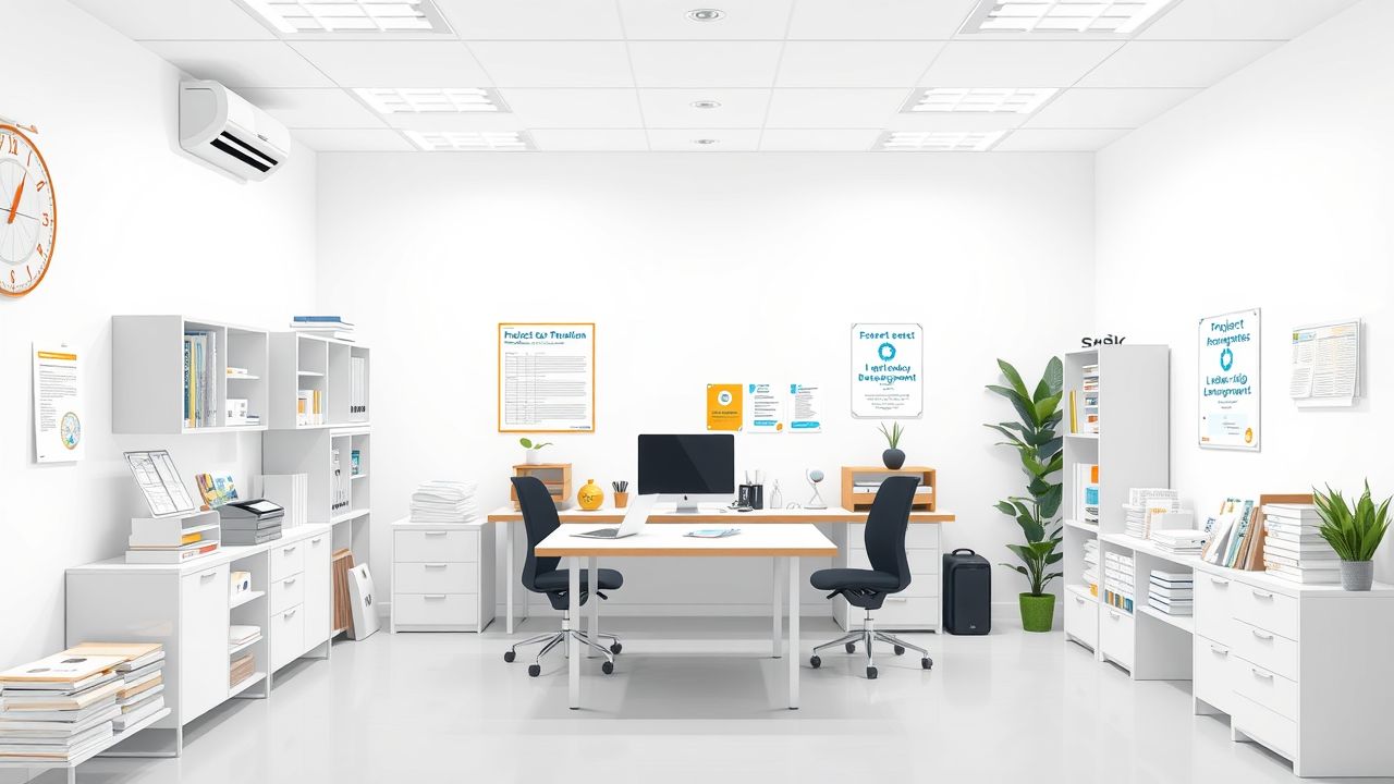 Een opgeruimd projectmanagementkantoor met professionele hulpmiddelen en materialen. Een opgeruimd projectmanagementkantoor met professionele hulpmiddelen en materialen.