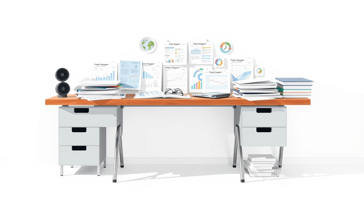 Een goed georganiseerd bureau met projectmanagementdocumenten en diagrammen. Een goed georganiseerd bureau met projectmanagementdocumenten en diagrammen.
