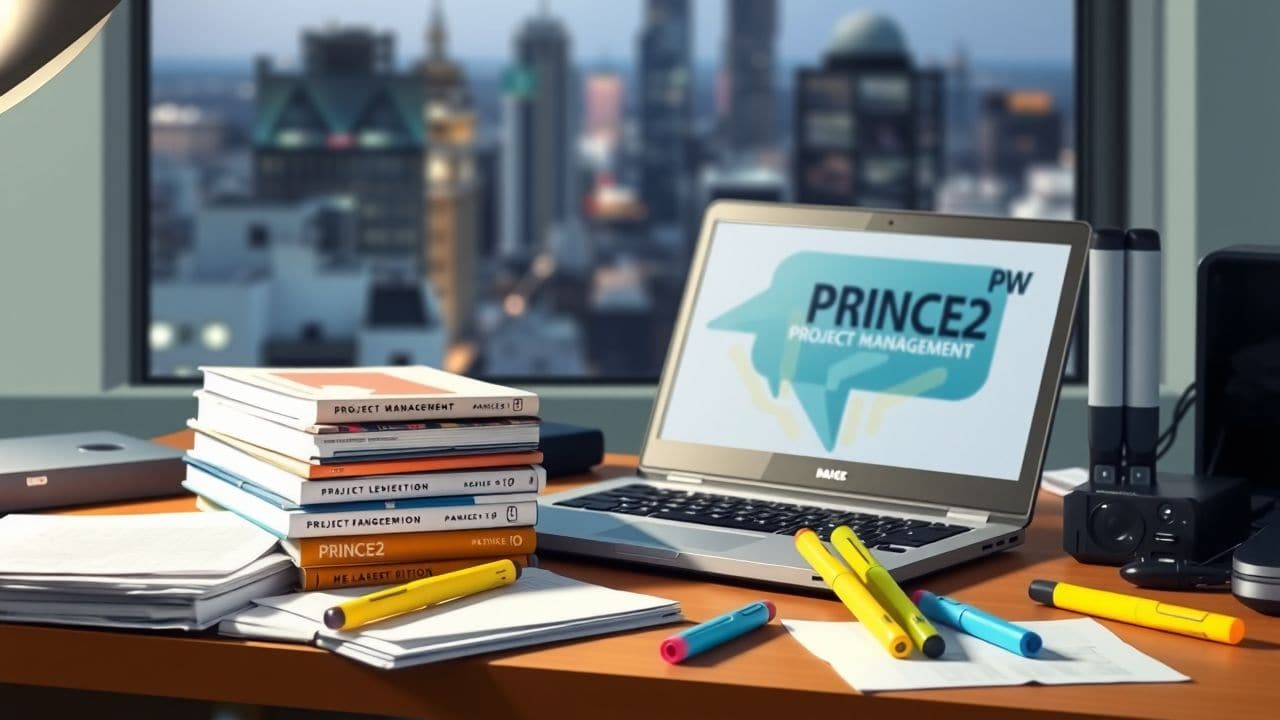 Een rommelig kantoorbureau met projectmanagementboeken, laptop en stadspanorama.