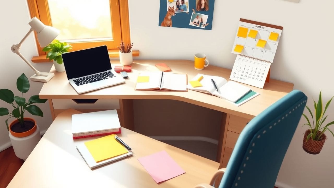 Een gezellig thuiskantoor met diverse items op het bureau.