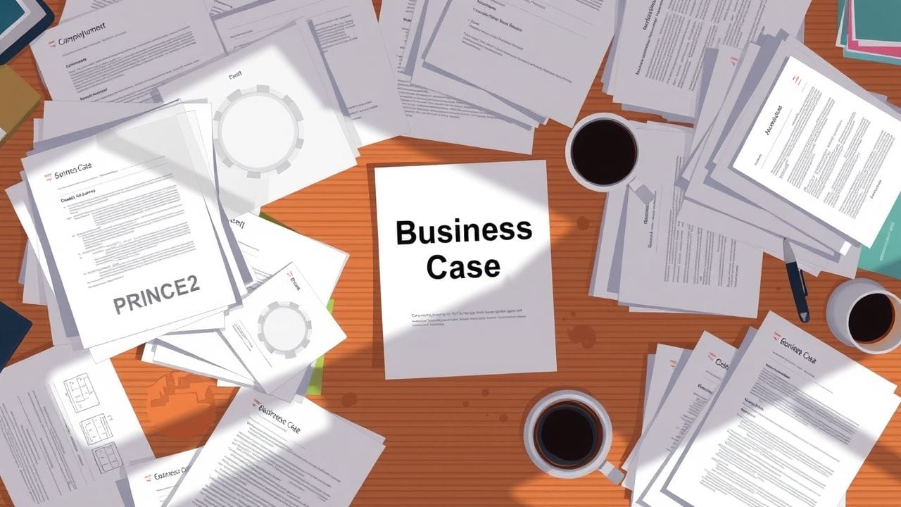 Een rommelig bureau met projectmanagementdocumenten en een opvallend businesscase. Een rommelig bureau met projectmanagementdocumenten en een opvallend businesscase.