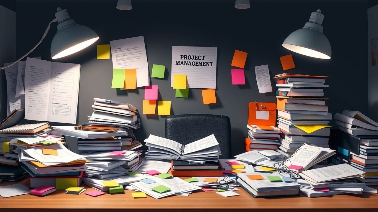 Een rommelig kantoorbureau vol met boeken, notitieboekjes en kleurrijke notitieblaadjes.