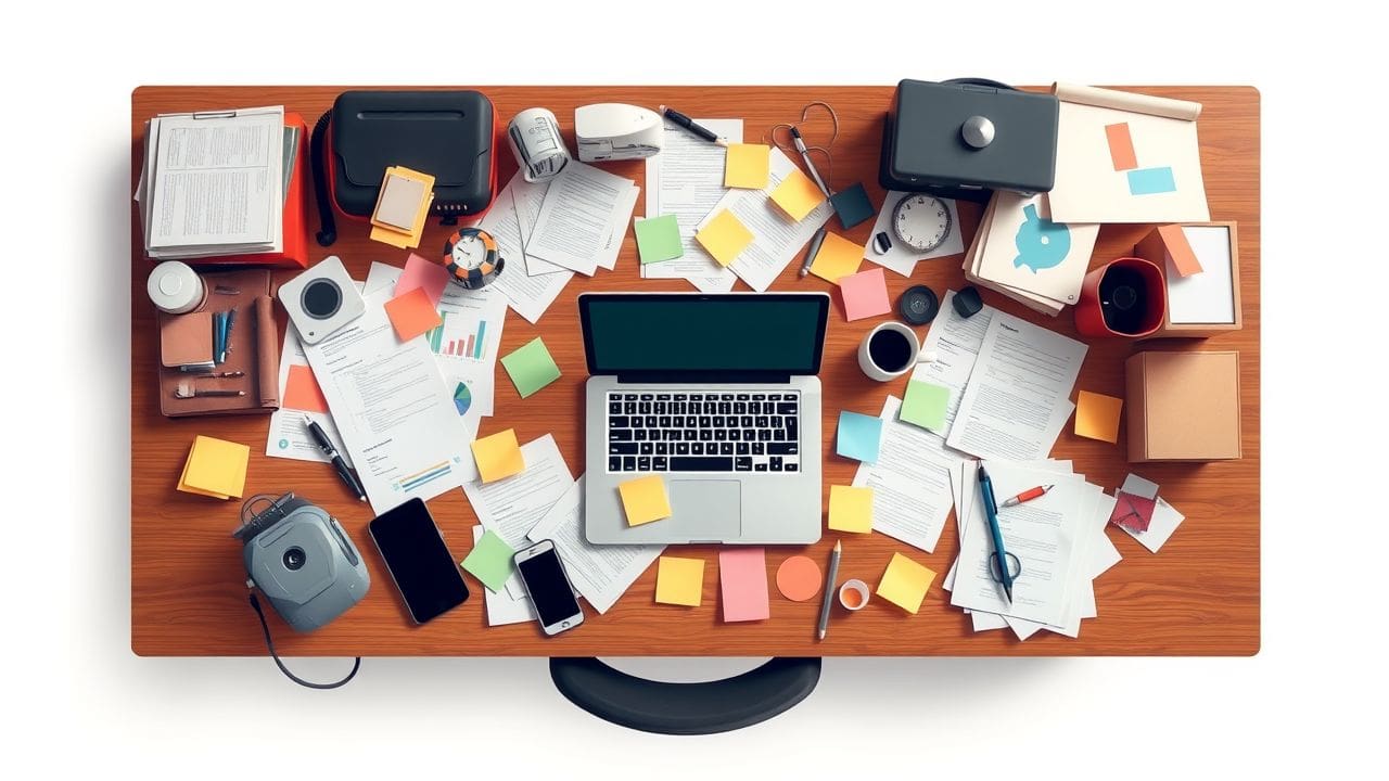 Een rommelig bureau vol projectmanagementtools en papieren, met een laptop.