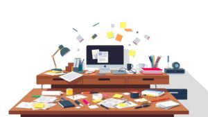 Een rommelig bureau met projectmanagement tools in chaotische staat.