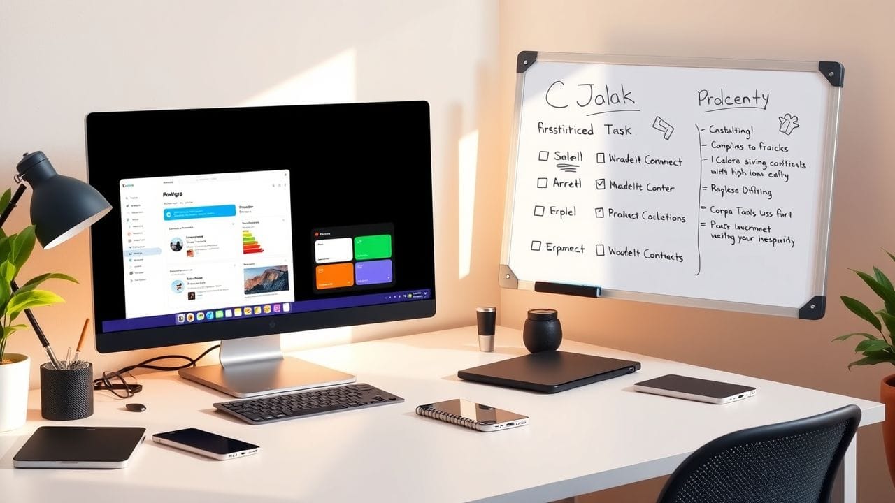 Een opgeruimde werkplek met computer, whiteboard en projectmanagementtools. Een opgeruimde werkplek met computer, whiteboard en projectmanagementtools.