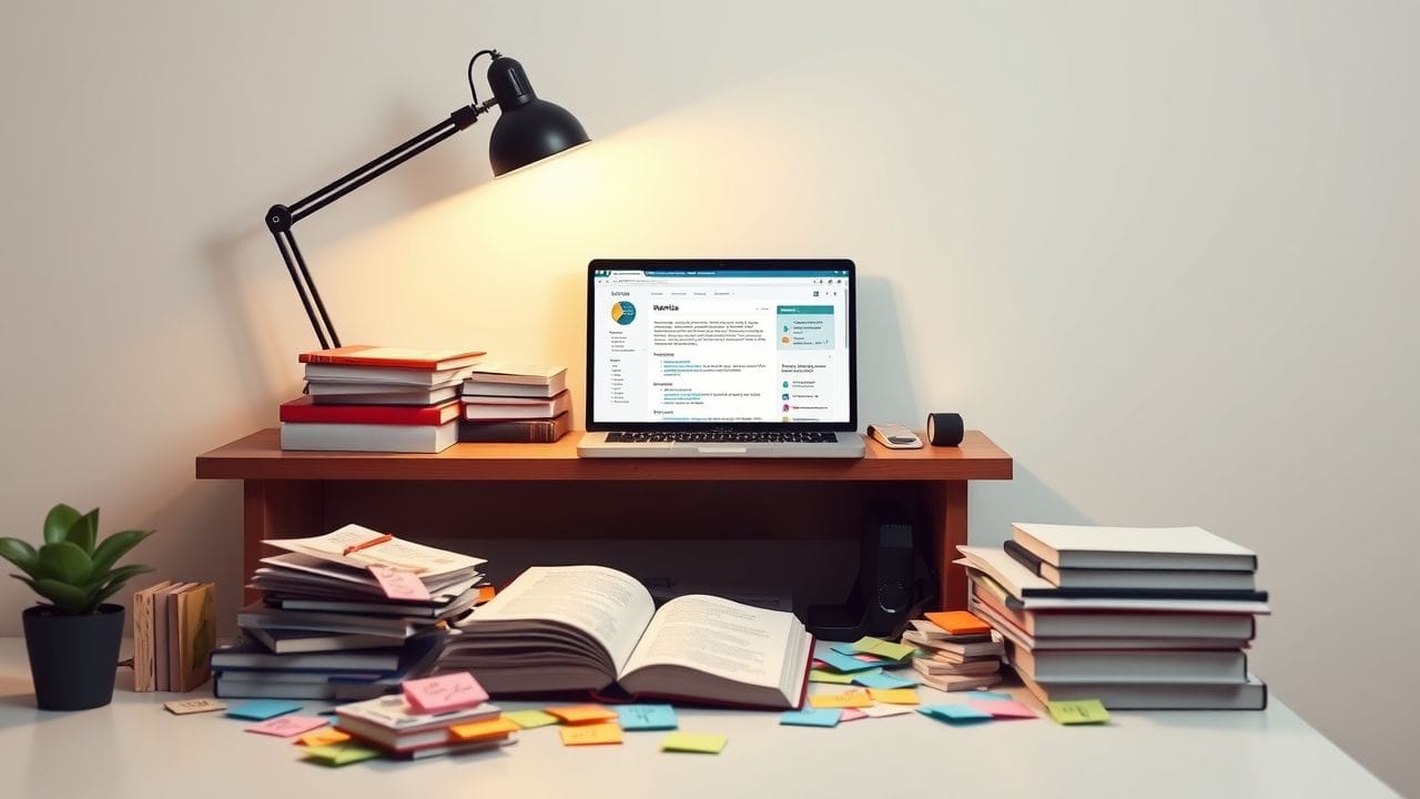 Een rommelig thuiskantoor met open projectmanagementboeken, kleurrijke notitiebriefjes en een laptop.