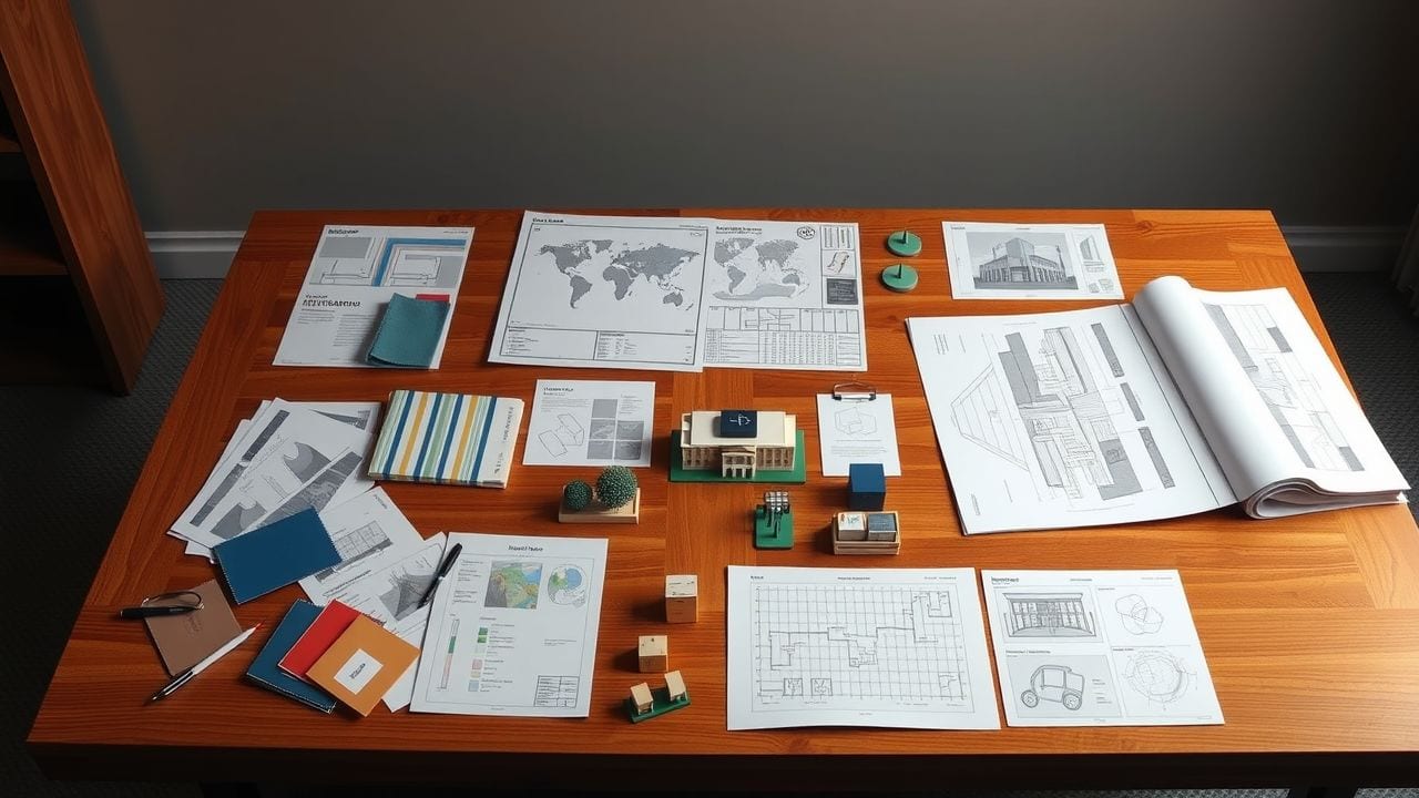 Een houten tafel met materialen en diagrammen gerelateerd aan infrastructuurprojecten. Een houten tafel met materialen en diagrammen gerelateerd aan infrastructuurprojecten.