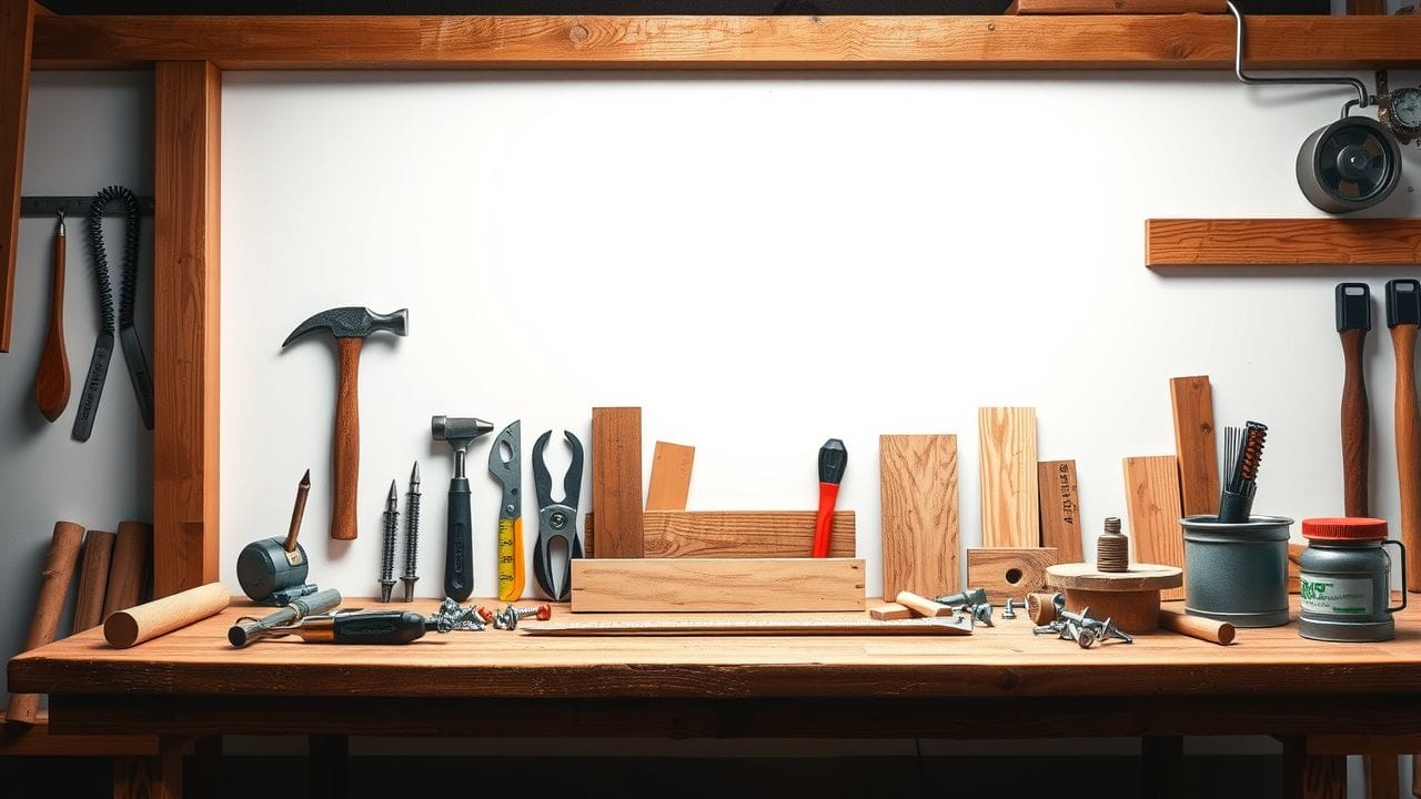 Een assortiment gereedschap en materialen op een houten werkbank. Een assortiment gereedschap en materialen op een houten werkbank.