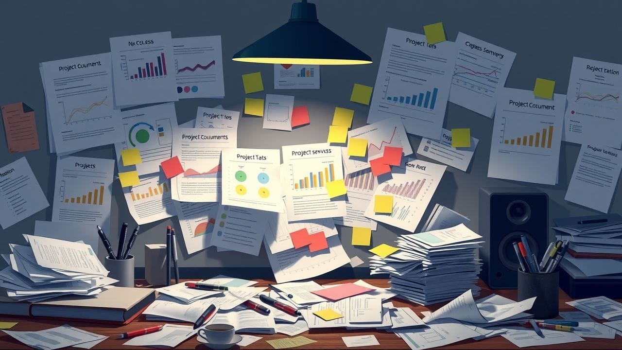 Een rommelig bureau vol projectdocumenten en sticky notes.