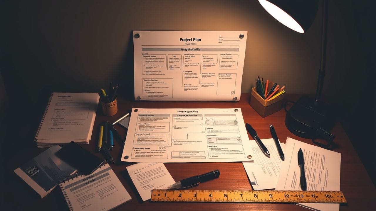 Een georganiseerd bureau met gedetailleerd projectplan en tools. Een georganiseerd bureau met gedetailleerd projectplan en tools.