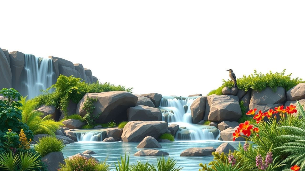 Een rustig landschap met een waterval en een moderne Agile werkruimte.