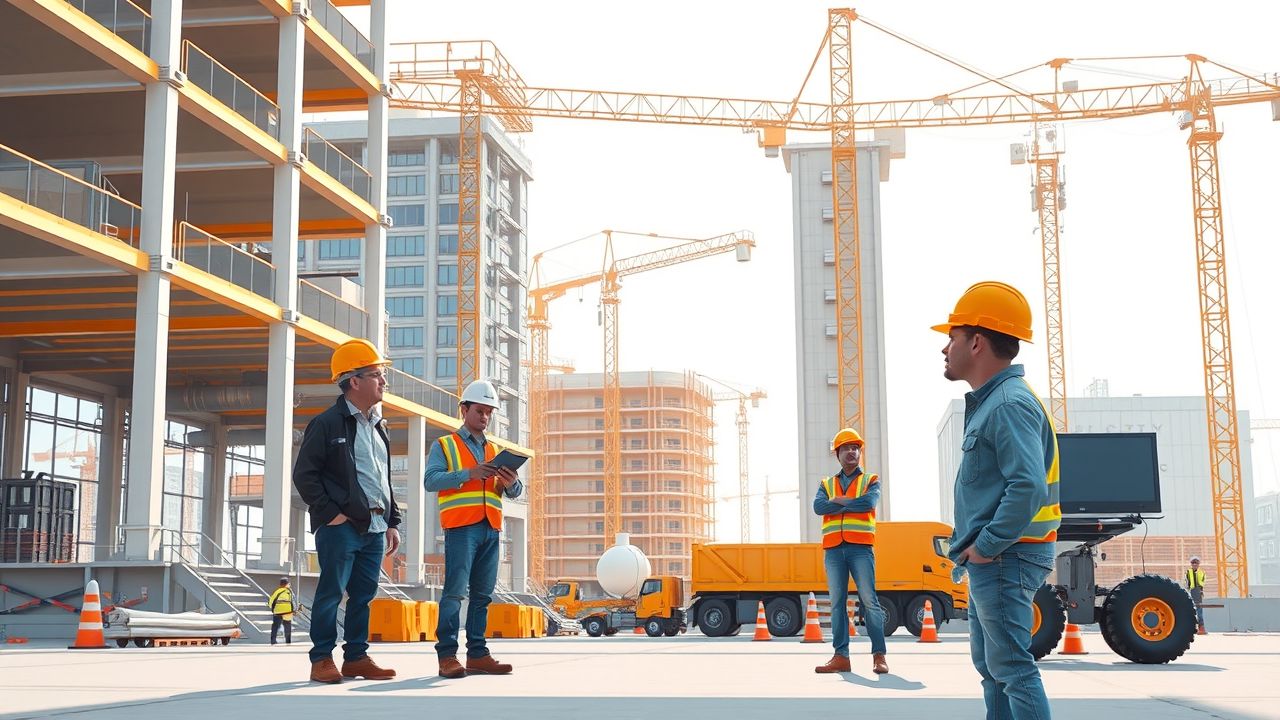 Een grote bouwplaats met geavanceerde technologie voor duurzame gebouwen.