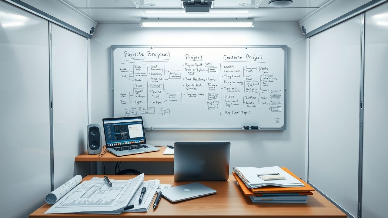 Een rommelig bureau in een bouwtrailer met blauwdrukken en projectplanning.