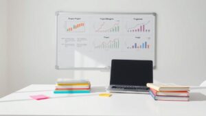 Een opgeruimd bureau met laptop, boeken en whiteboard in kantooromgeving.
