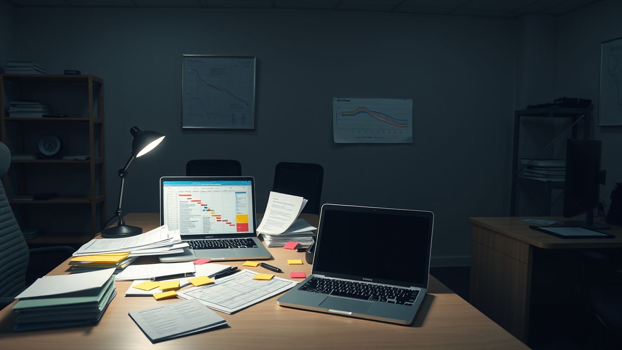 Een rommelig kantoor met IT-projectmanagementdocumenten en een laptop met een Gantt-grafiek. Een rommelig kantoor met IT-projectmanagementdocumenten en een laptop met een Gantt-grafiek.