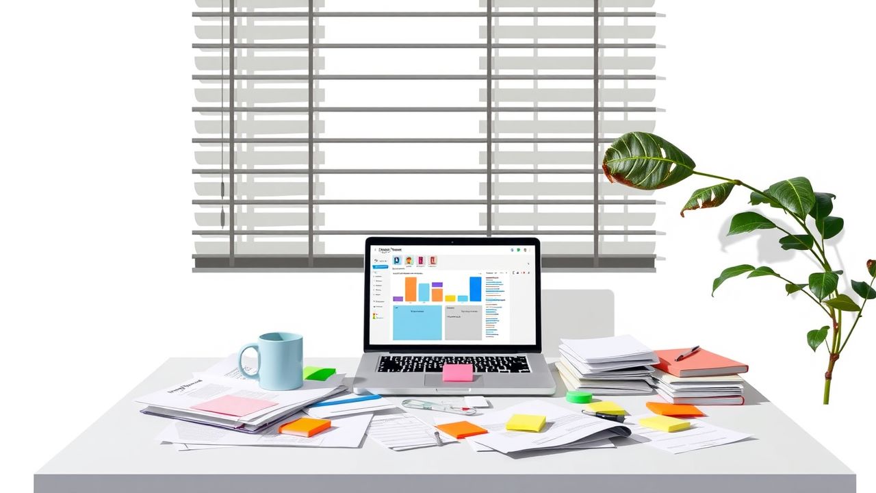 Een rommelig kantoorbureau met laptop en projectmanagementsoftware.