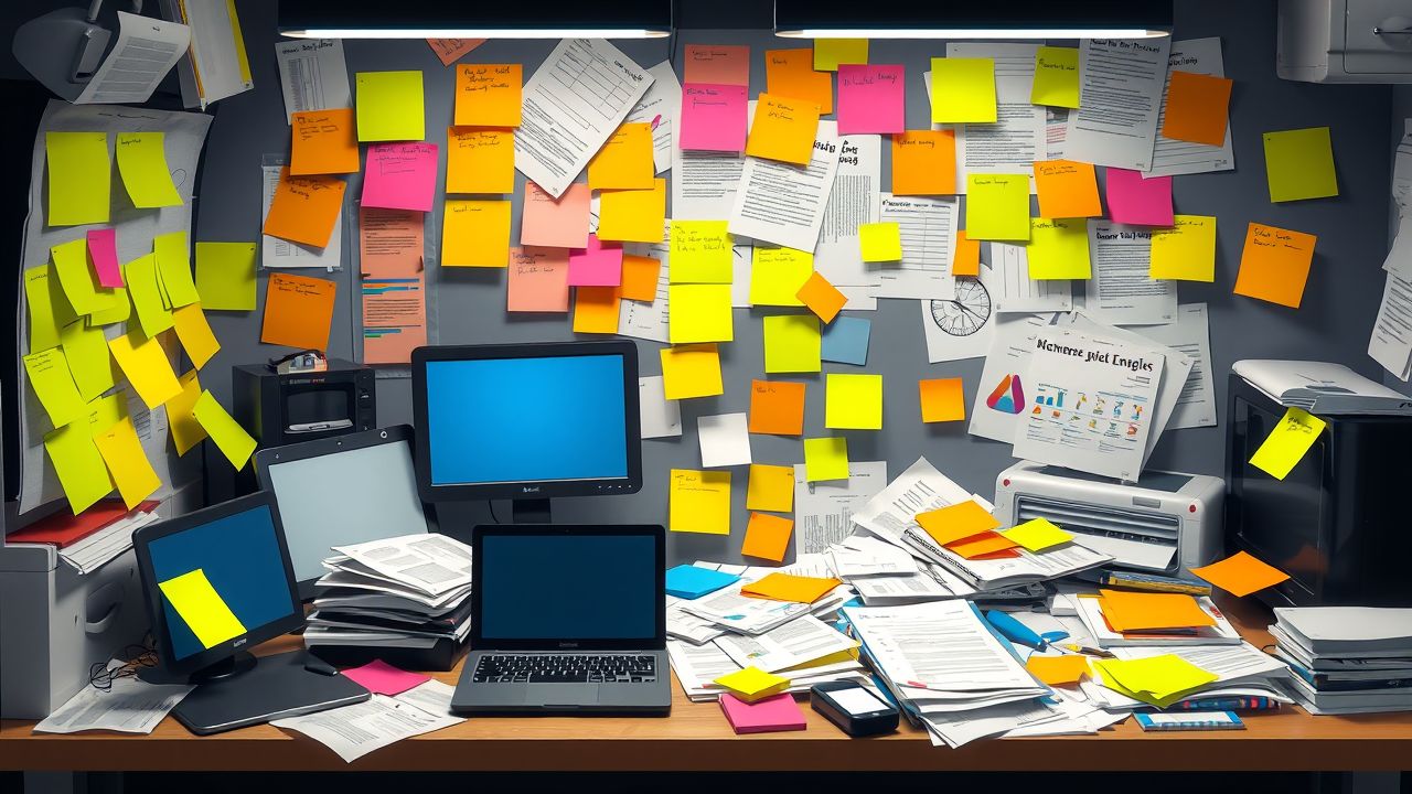 Een rommelig bureau met papieren en elektronische apparaten, typisch voor projectmanagement. Een rommelig bureau met papieren en elektronische apparaten, typisch voor projectmanagement.