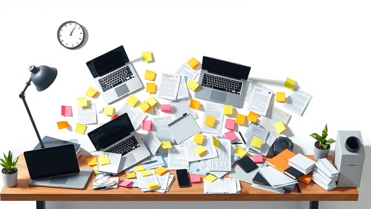 Een rommelig bureau vol met laptops en papierwerk, reflecteert behoefte aan betere organisatie.