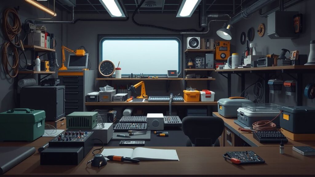 Een rommelige werkbank vol met elektronische componenten en gereedschap.
