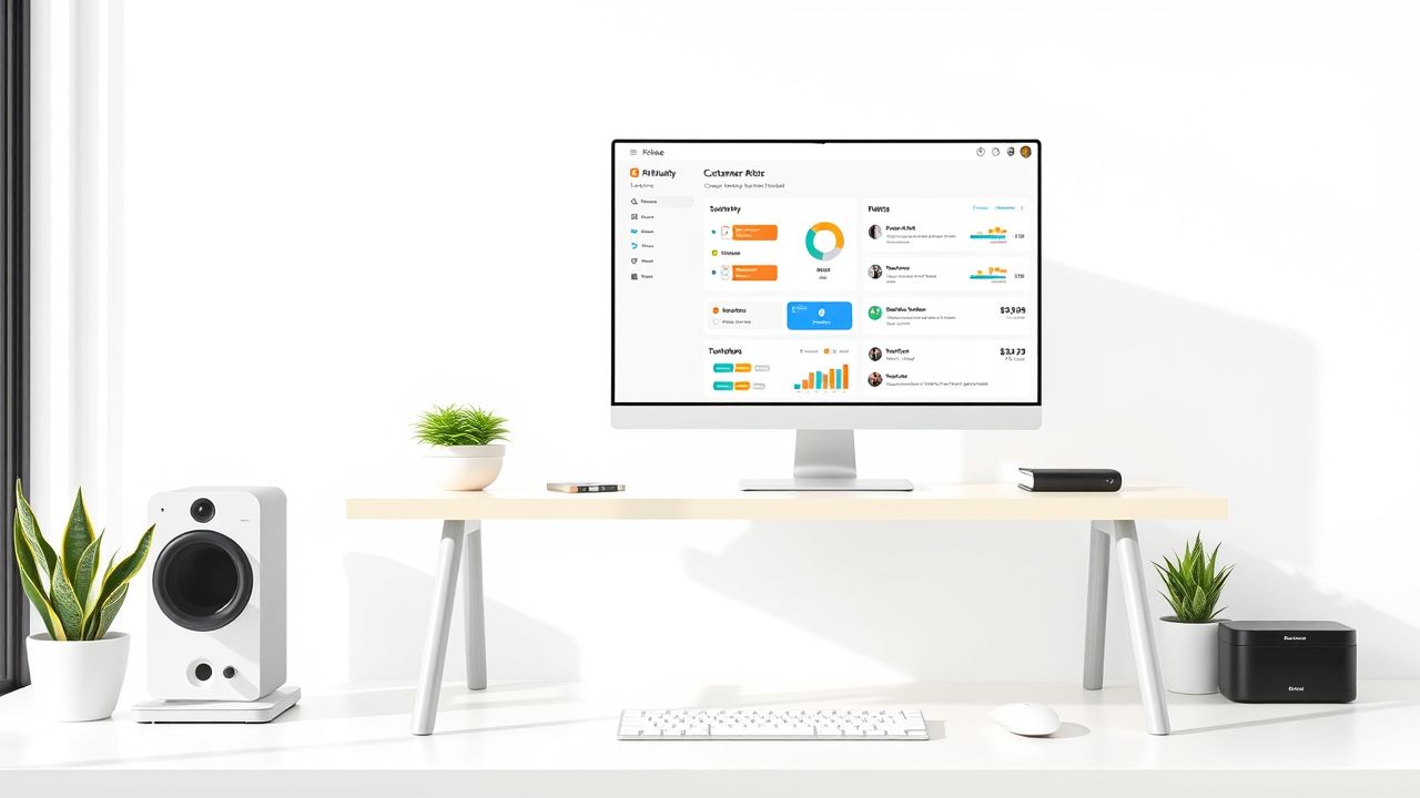 Een opgeruimd bureau met een computer die het PM Online software-interface weergeeft.
