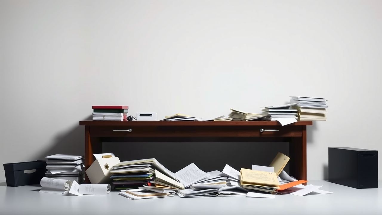Een rommelig bureau met verspreide papieren en bestanden.
