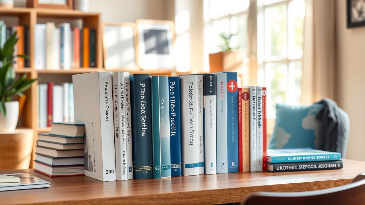 Een verzameling projectmanagementboeken op een bureau in een huiselijk kantoor.