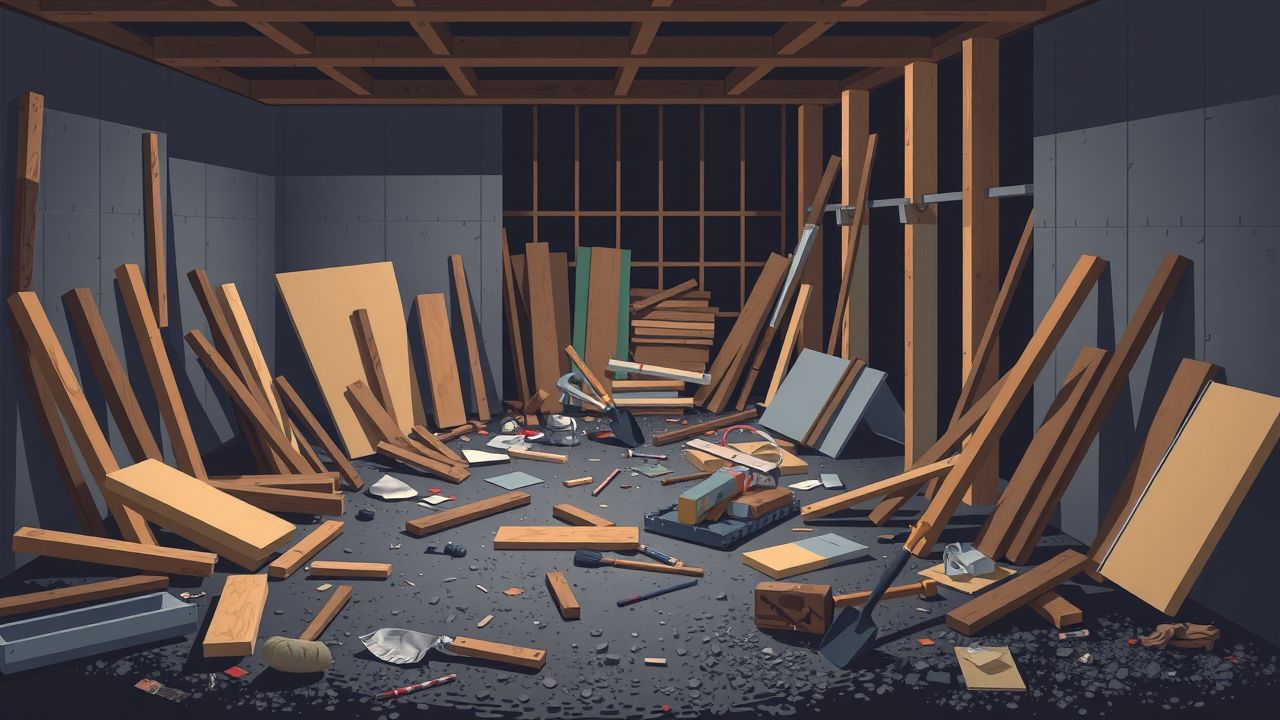 Een rommelige bouwplaats met verspreide materialen en onvoltooide structuren.