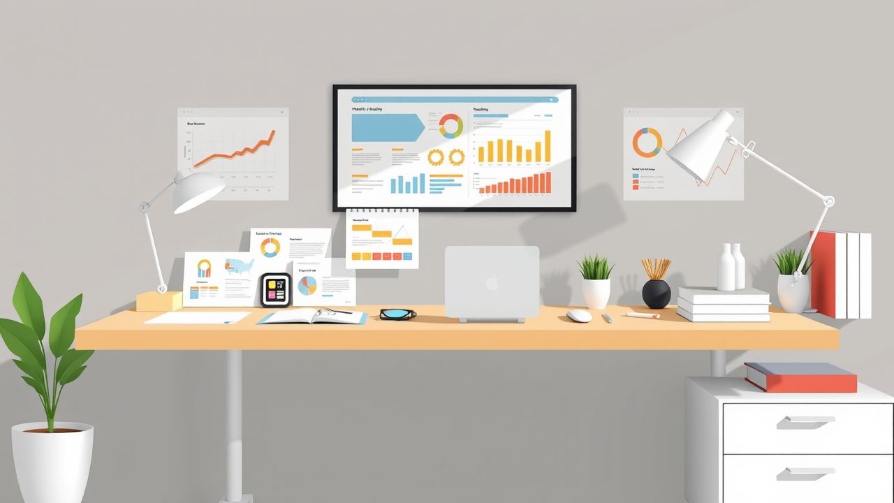 Een opgeruimd bureau met projectmanagementtools in een modern kantoor. Een opgeruimd bureau met projectmanagementtools in een modern kantoor.
