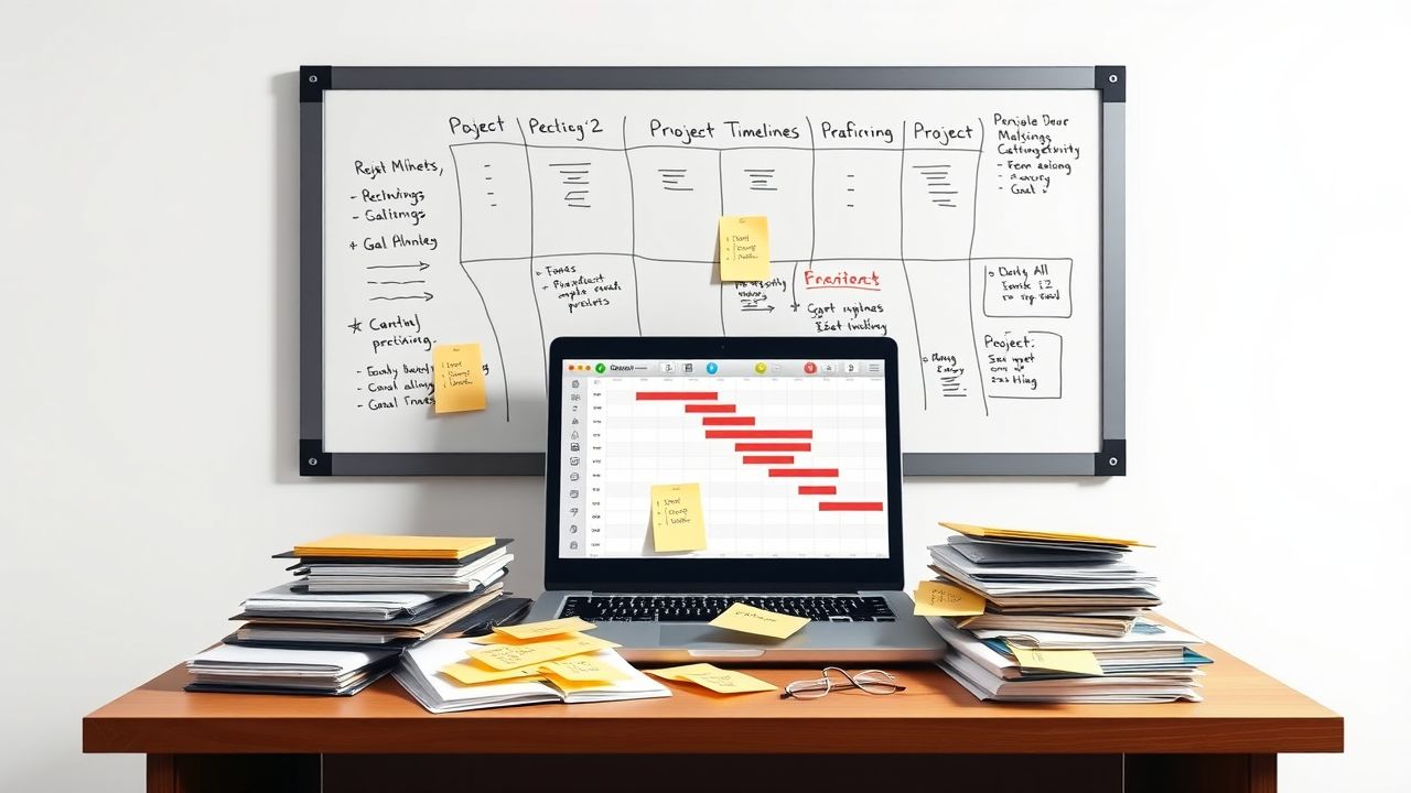 Een rommelig kantoorbureau met projectmanagement tools en documenten.
